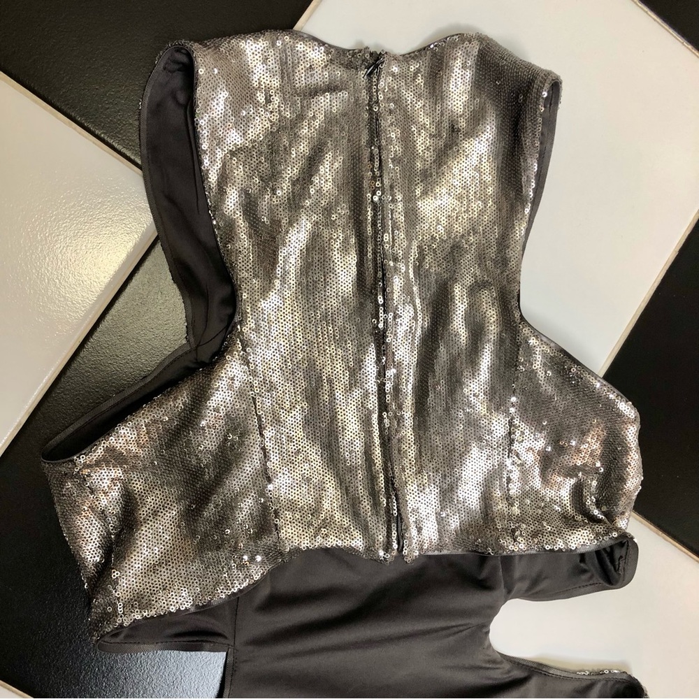 Halston Heritage Sequin Cut Outs Mini Dress Antique Silver Sequins Bodycon sz 8 - Picture 10 of 16